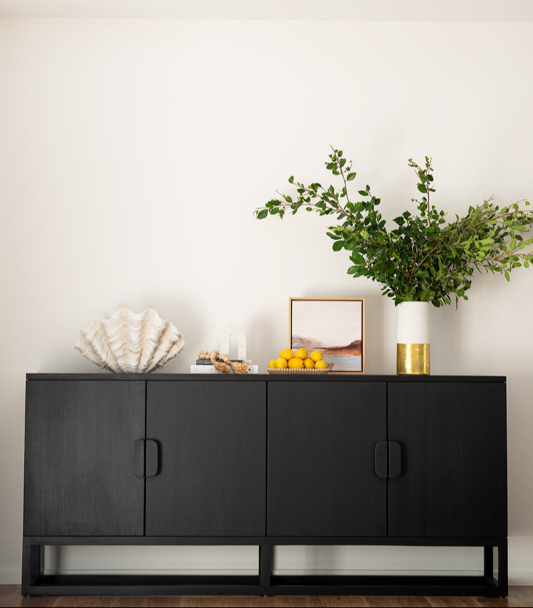 Sleek black Benji four door teak console, Mangolia Lane 9