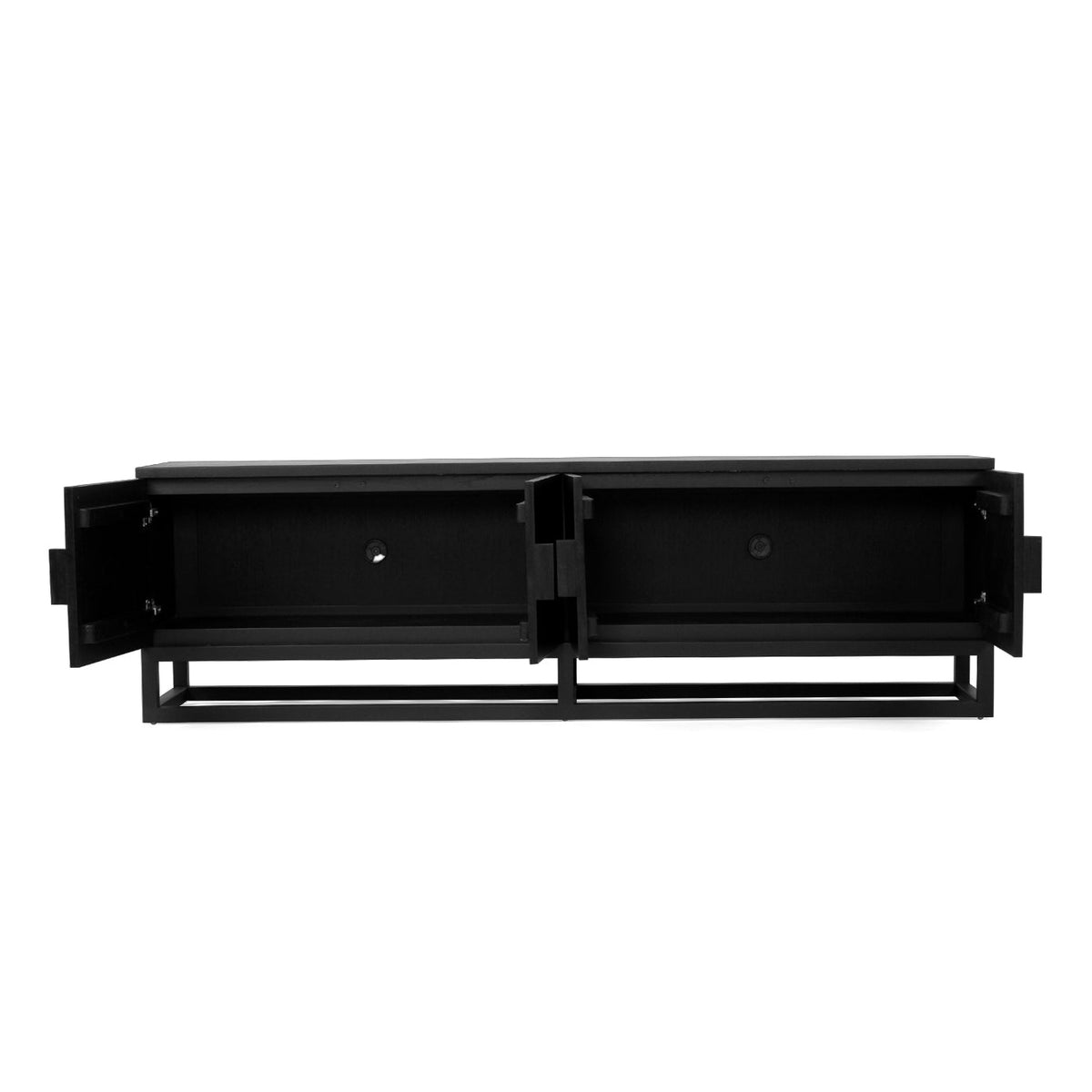 Benji 2m black teak entertainment unit with four doors open showing internal storage compartments