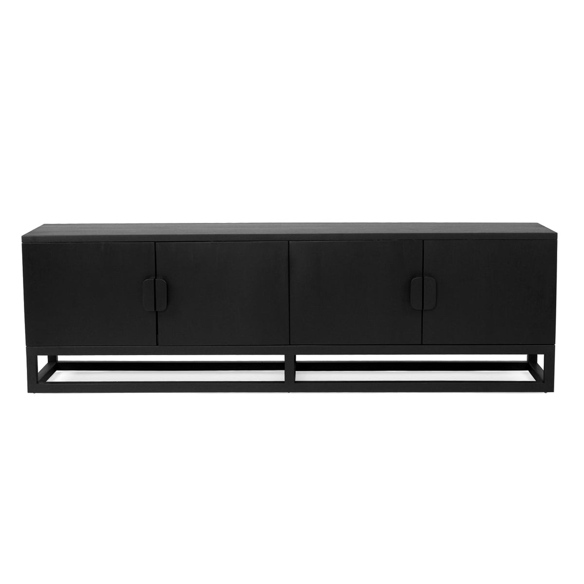 Elevated front view of the Benji 2m black teak entertainment unit showing the top and four doors