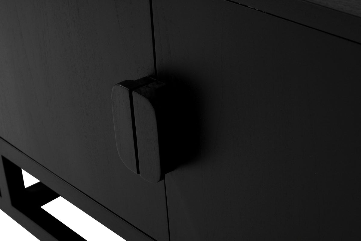 Close-up of the Benji black teak entertainment unit’s paired semicircular handles