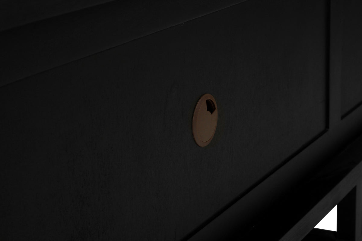 Close-up of the cable opening in the recessed rear panel of the Benji 2m black teak entertainment unit