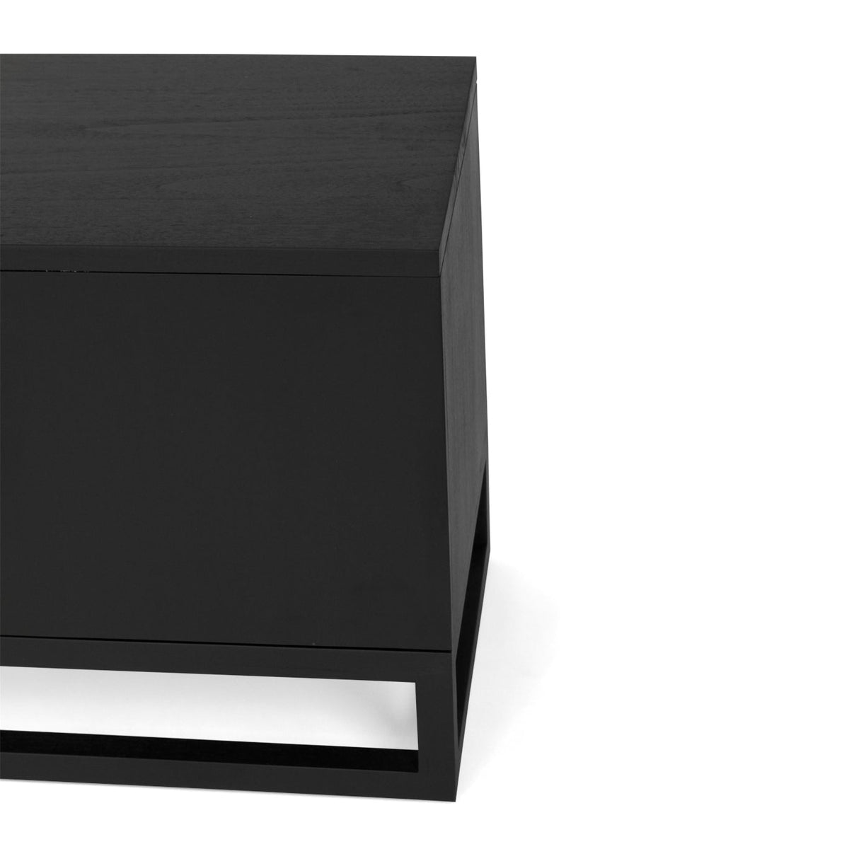 Close-up of the Benji black entertainment unit’s side panel and raised timber base