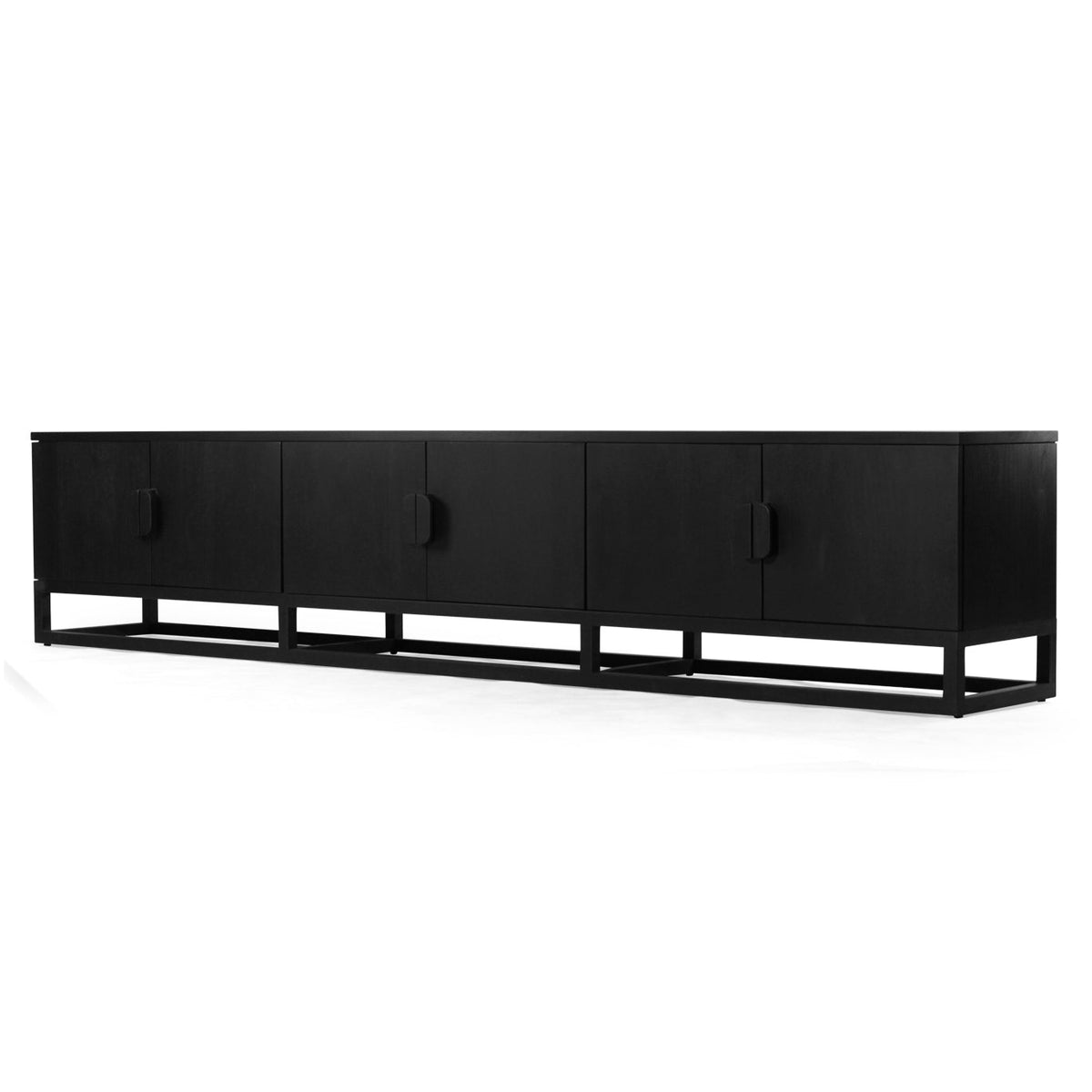 Angled front view of the Benji 3m black teak entertainment unit showing six doors and raised base
