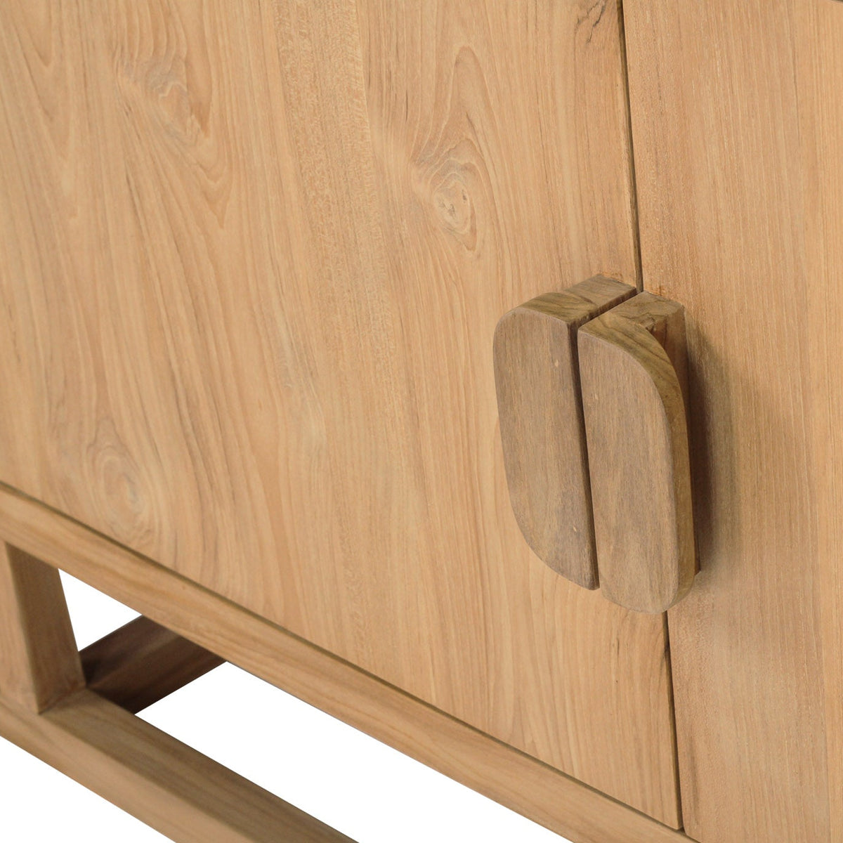 Angled close-up of paired semicircular timber handles on the Benji 3m natural teak entertainment unit