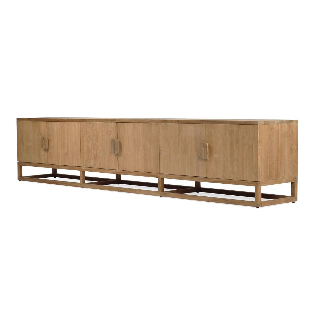 Angled front view of the Benji 3m natural teak entertainment unit with six doors and raised base