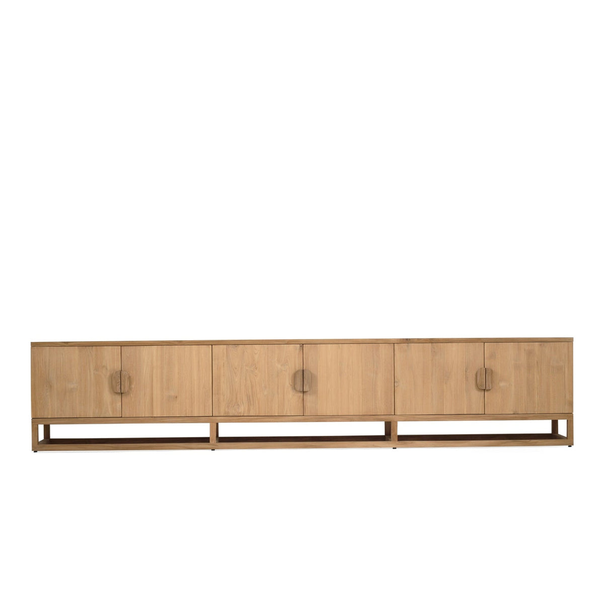 Benji Entertainment Unit 3m Natural Teak in solid teak with raised timber base, front view