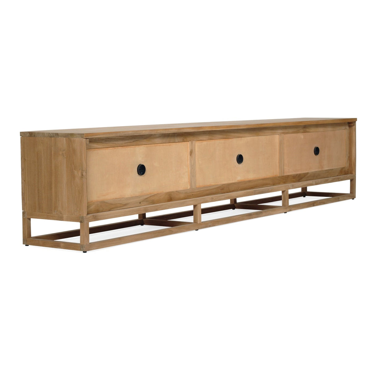 Rear angle of the Benji 3m teak entertainment unit showing cable openings and raised base