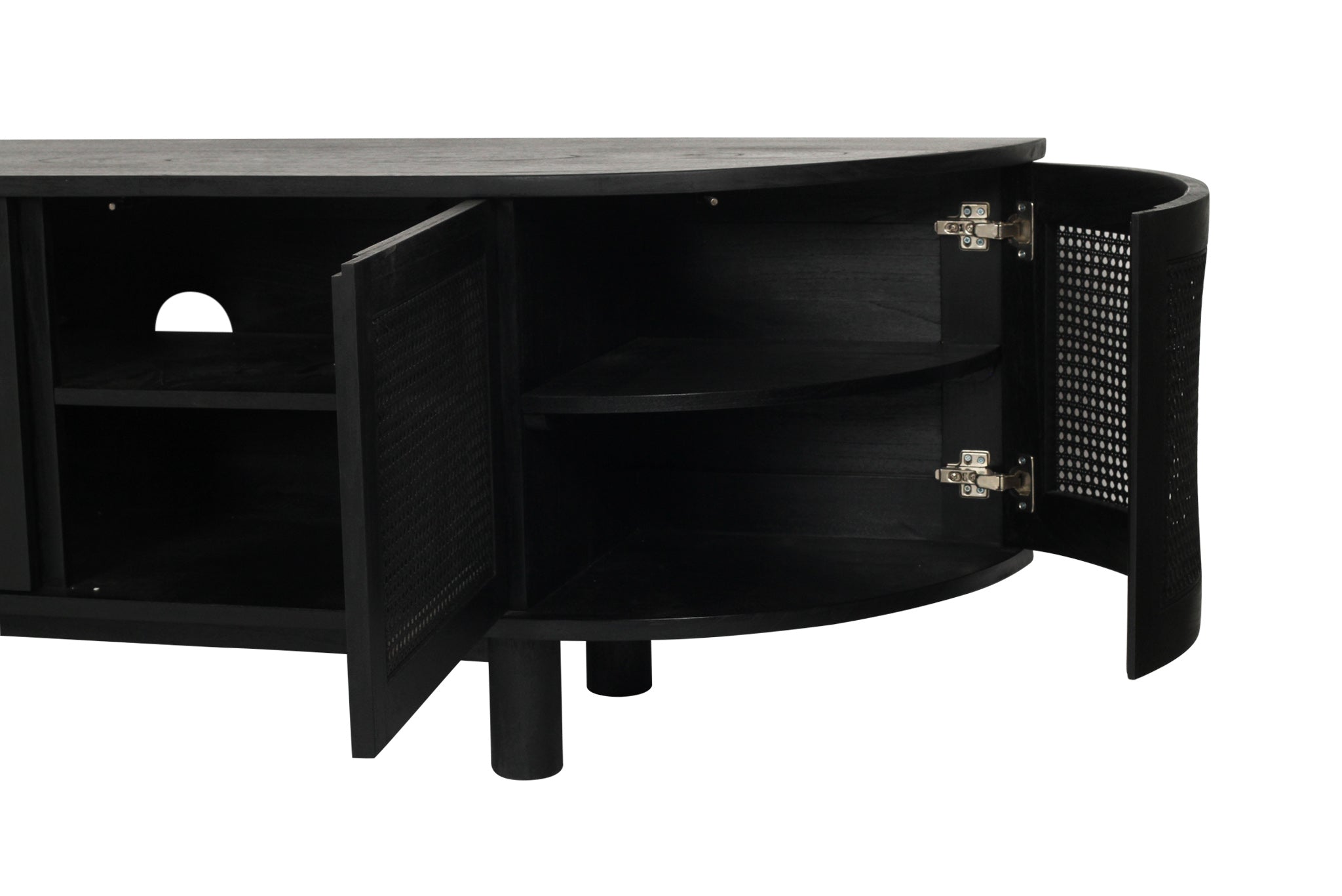 Beach Six Door Entertainment Unit in black with curved edges – a modern, streamlined cabinet ideal for media storage and contemporary living rooms - internal perspective showing spacious interior. Magnolia Lane