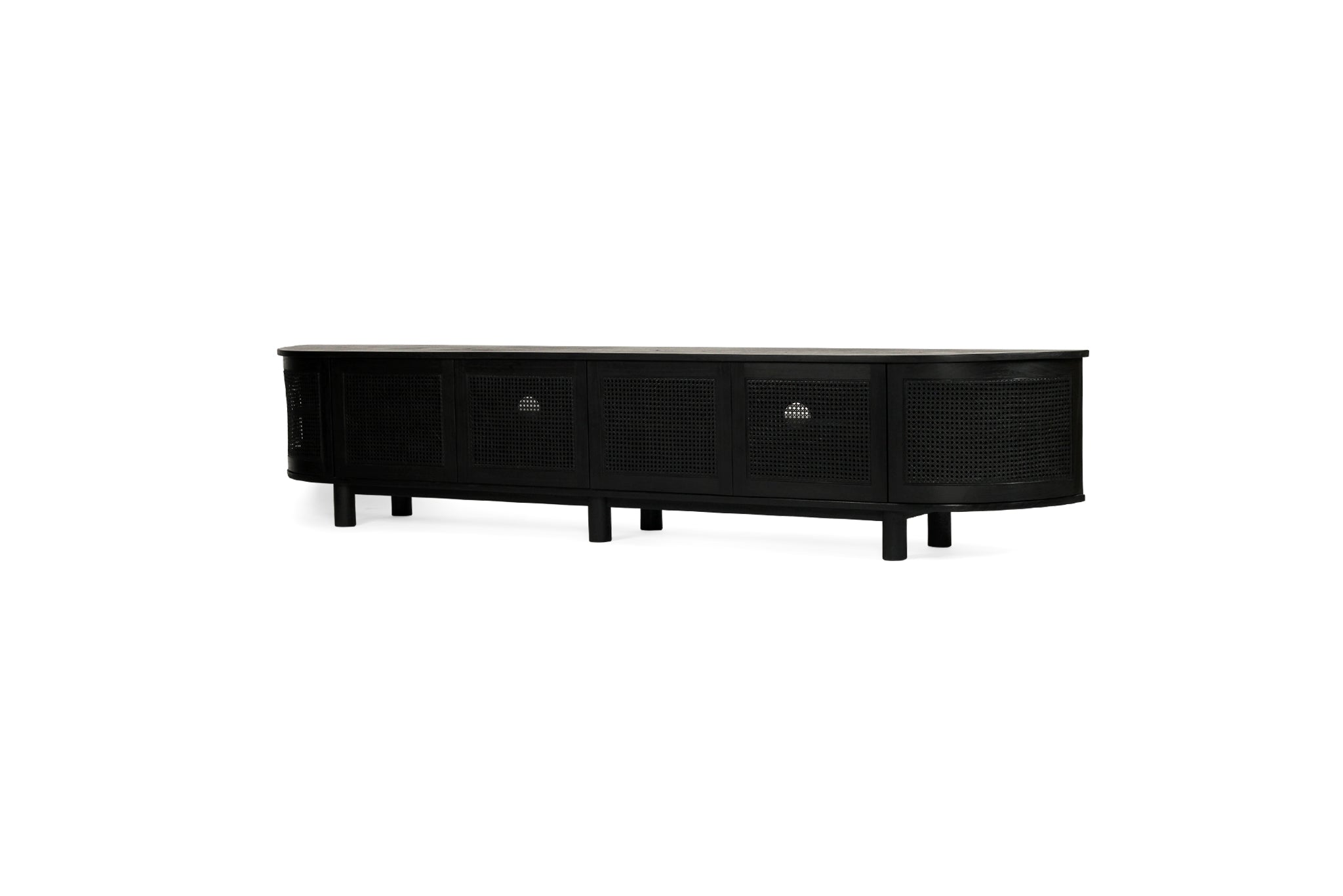 Beach Six Door Entertainment Unit in black with curved edges – a modern, streamlined cabinet ideal for media storage and contemporary living rooms - angled perspective. Magnolia Lane