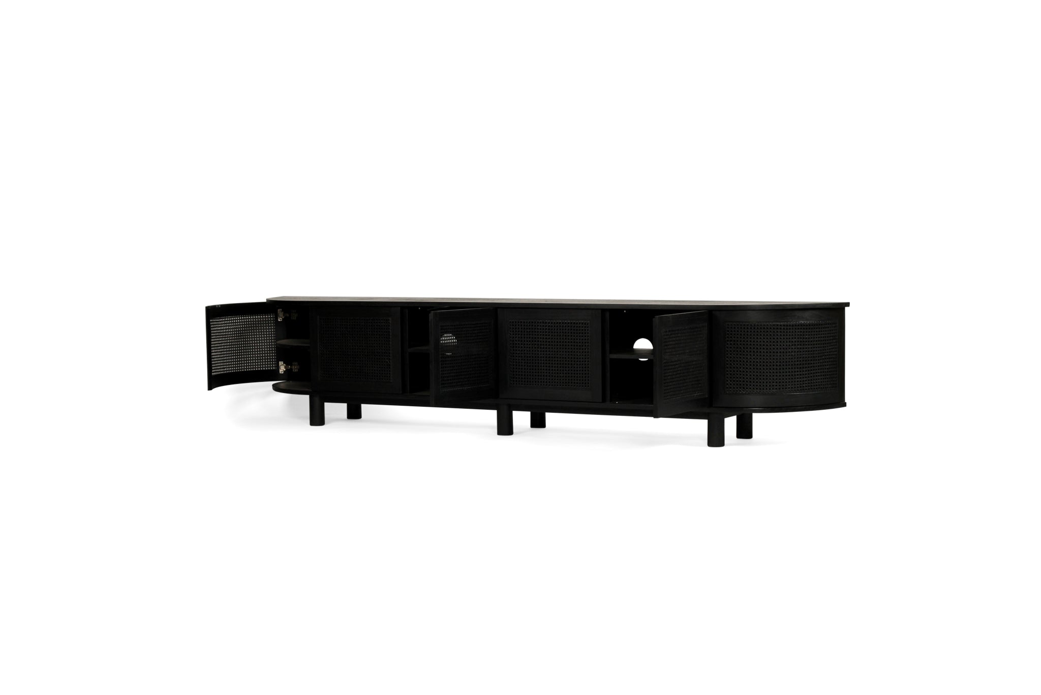 Beach Six Door Entertainment Unit in black with curved edges – a modern, streamlined cabinet ideal for media storage and contemporary living rooms - view with doors open. Magnolia Lane