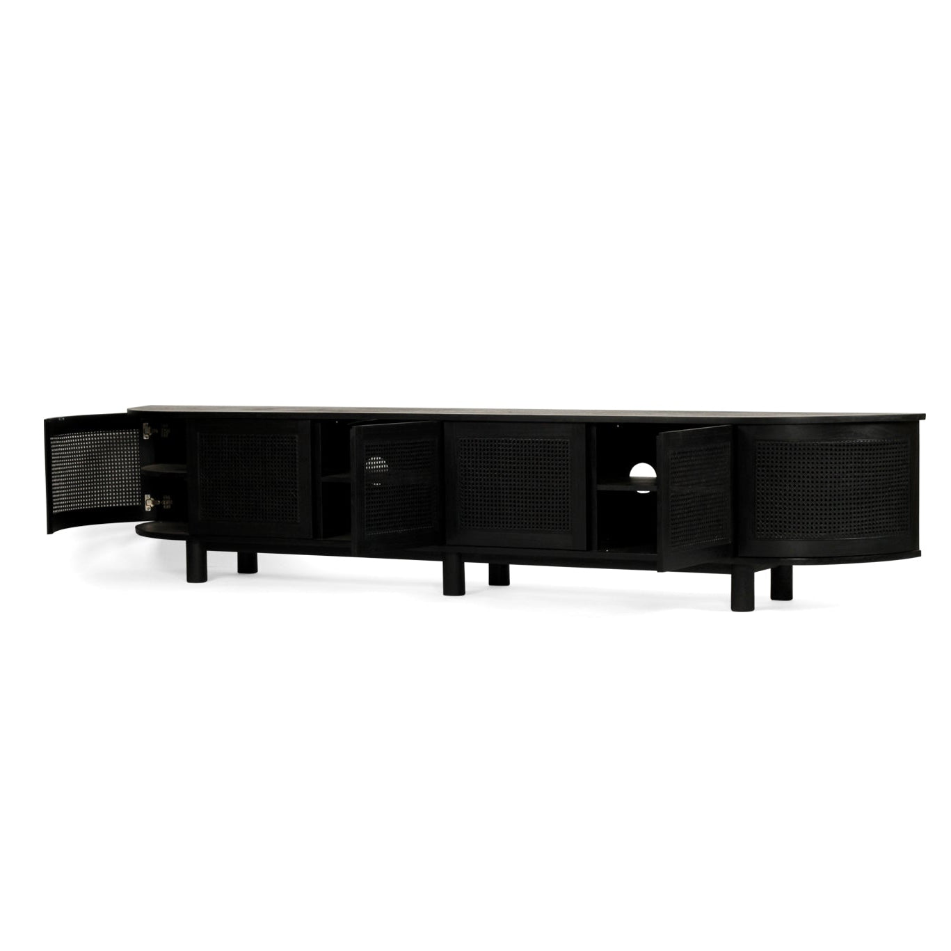 Beach six door entertainment unit in black with curved edges and rattan doors, 300cm solid timber TV unit showing curved end door open