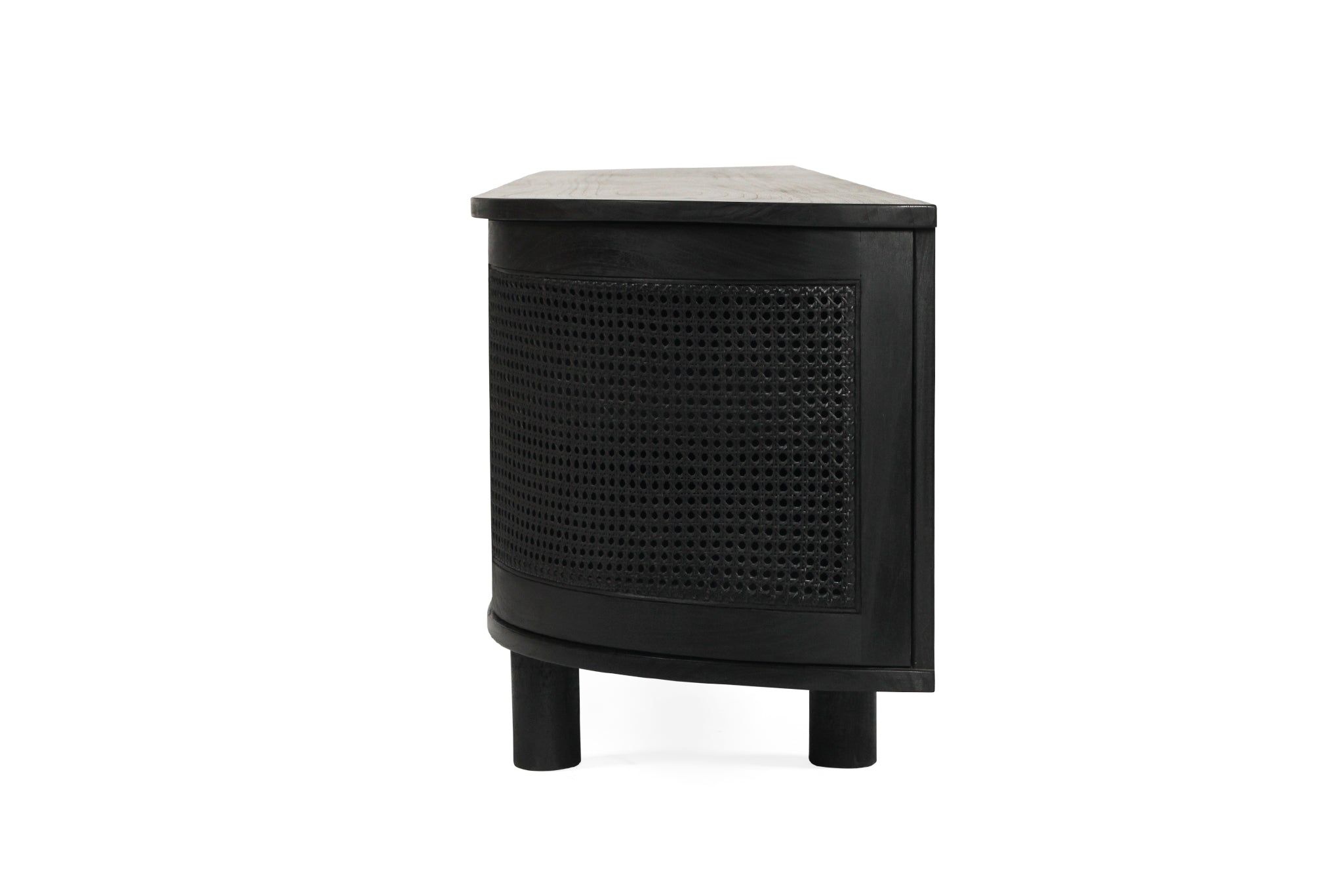 **Alt text:**
Beach Six Door Entertainment Unit in black with curved edges – a modern, streamlined cabinet ideal for media storage and contemporary living rooms - side on of curved ends. Magnolia Lane