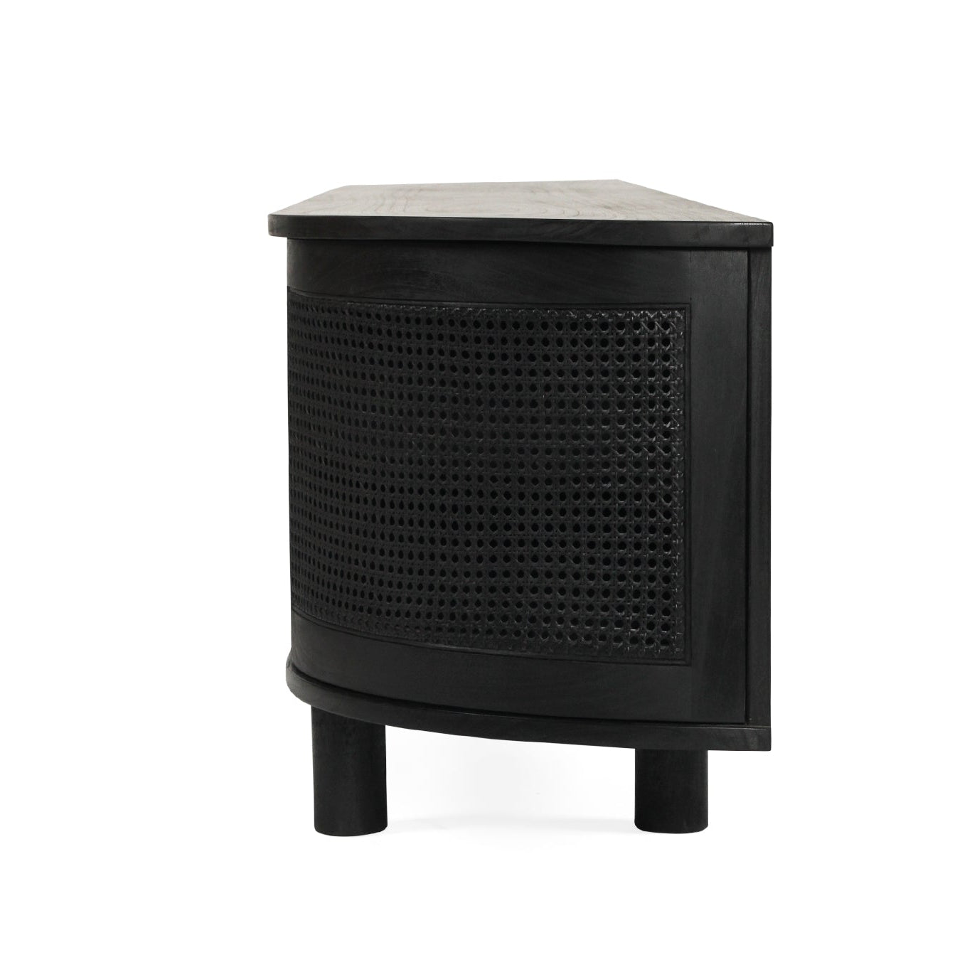Beach six door entertainment unit in black with curved edges and rattan doors, 300cm solid timber TV unit side view