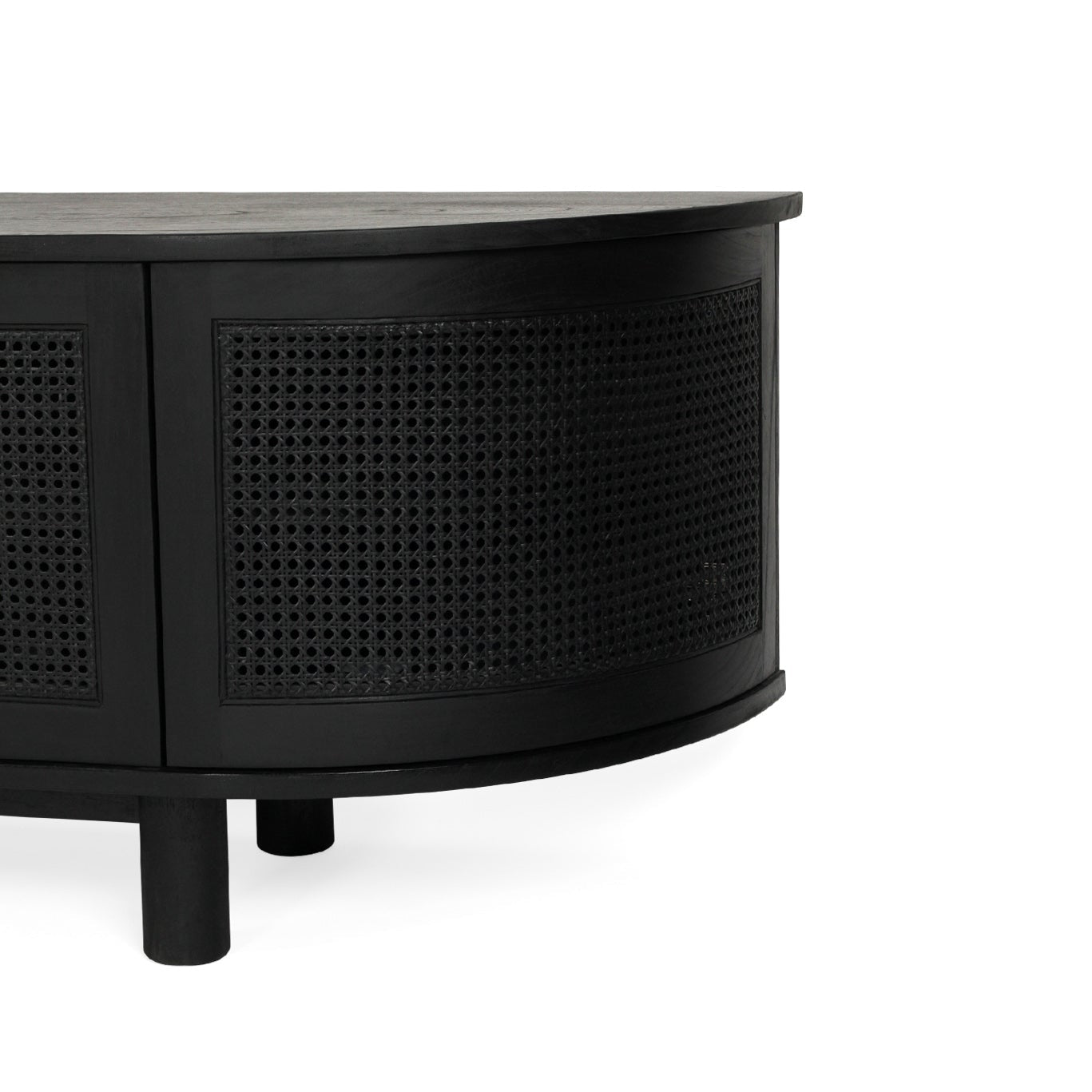 Beach six door entertainment unit in black with curved edges and rattan doors, 300cm solid timber TV unit end view