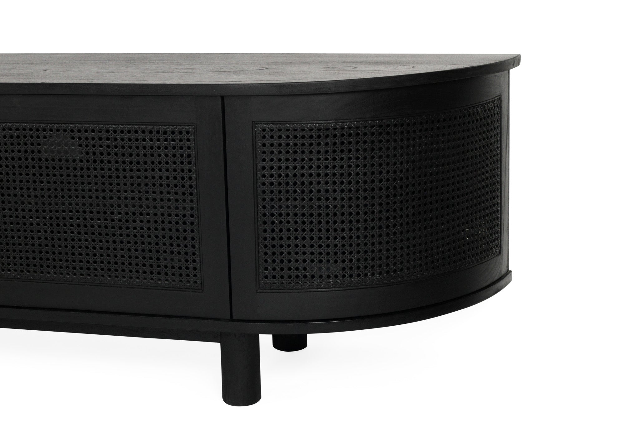 Beach Six Door Entertainment Unit in black with curved edges – a modern, streamlined cabinet ideal for media storage and contemporary living rooms - close up of beautiful rattan detailing