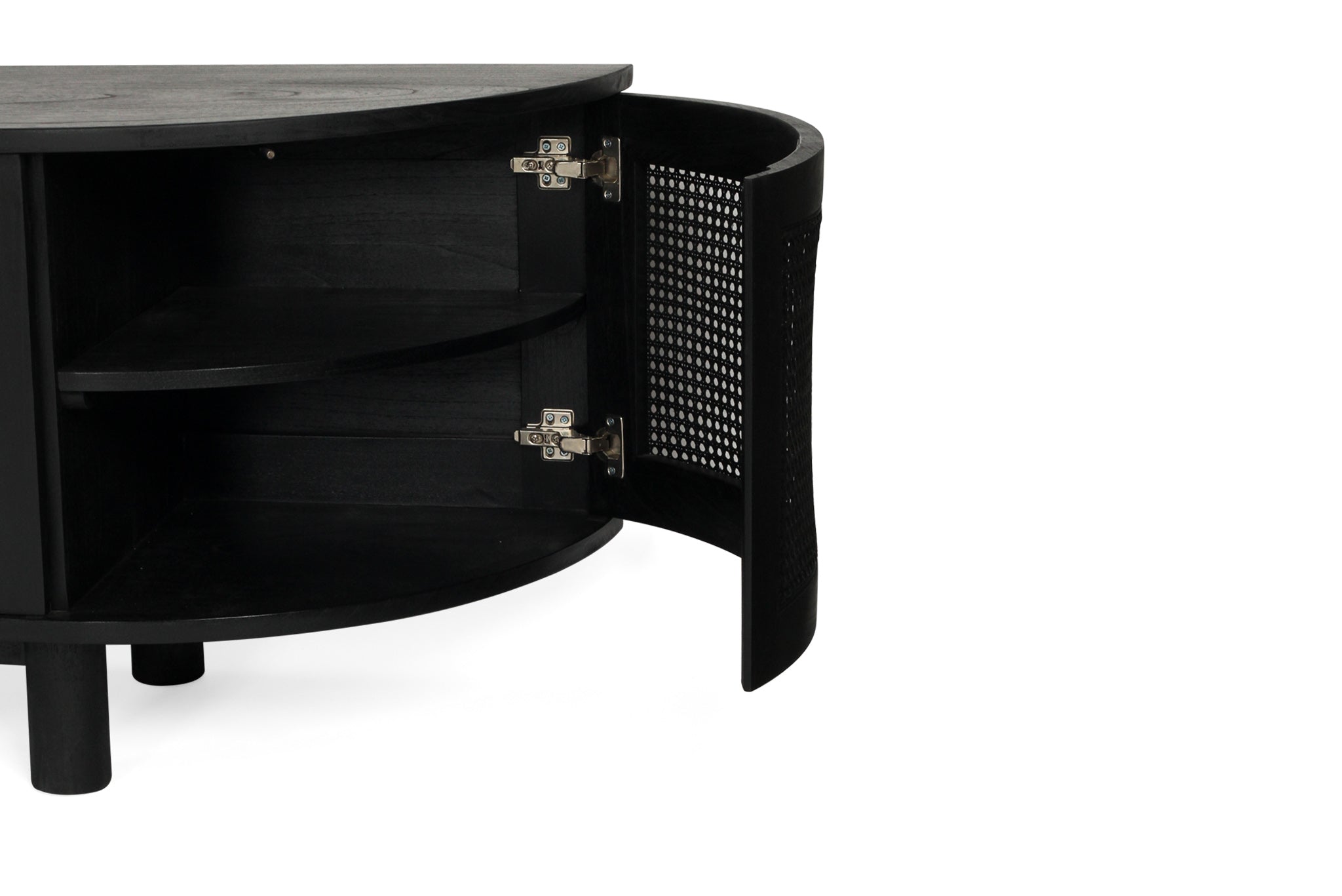 Beach Six Door Entertainment Unit in black with curved edges – a modern, streamlined cabinet ideal for media storage and contemporary living rooms - open corner door with view of interior layout