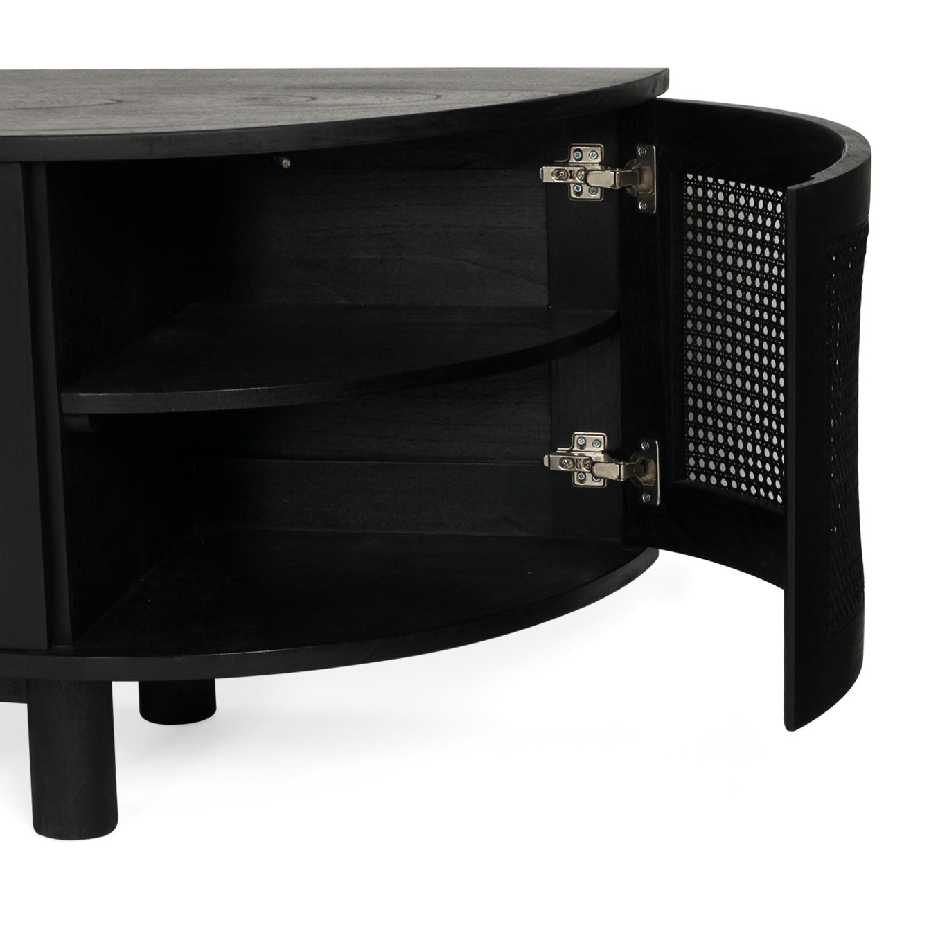 Beach six door entertainment unit in black with curved edges and rattan doors, 300cm solid timber TV unit corner end door open