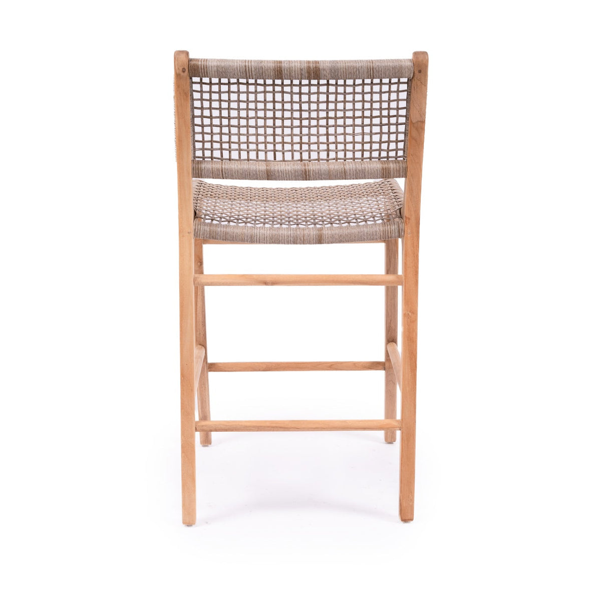 Bondi washed grey counter stool showing the woven backrest and teak legs, back view