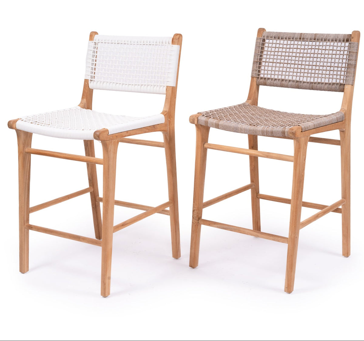 Bondi counter stools in white and washed grey weave with natural teak frames, colour comparison