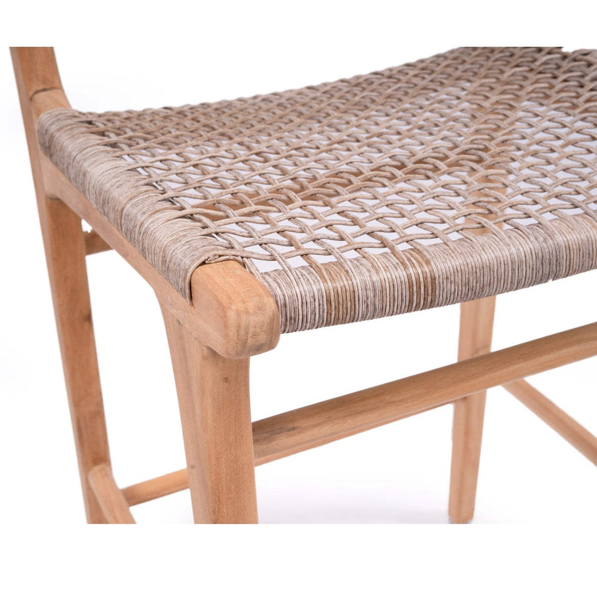 Close-up of the Bondi counter stool’s washed grey woven seat and natural teak frame