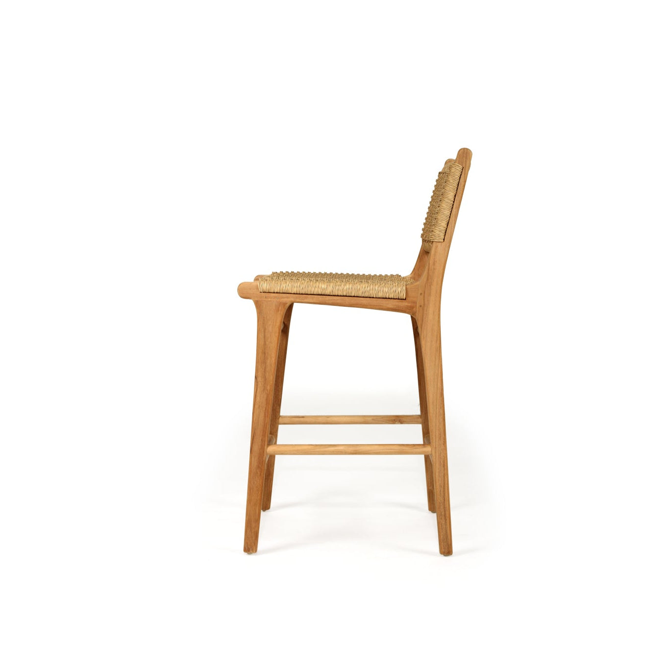 Side profile of Cable Beach counter stool with woven backrest and teak frame