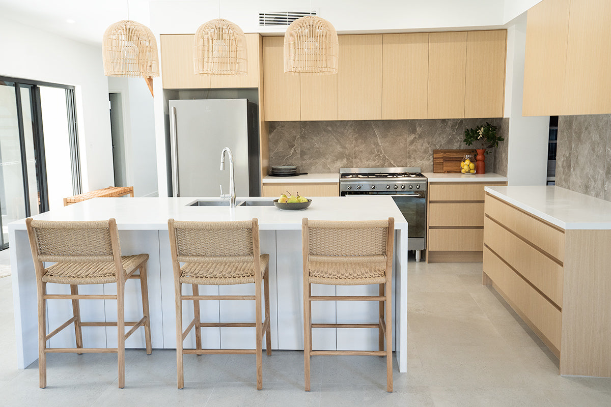 Cable Beach sand counter stools styled in a luxury modern kitchen in Australia