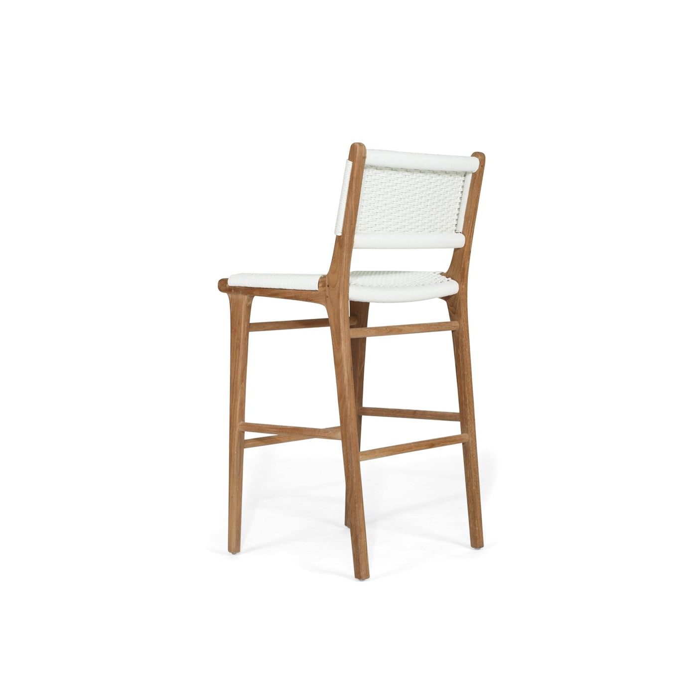 Back angle profile of Cable Beach outdoor bar stool with woven backrest and teak frame