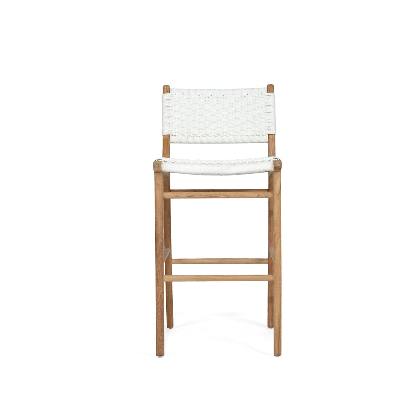 Cable Beach outdoor bar stool in white with solid teak frame and close weave Viro cord