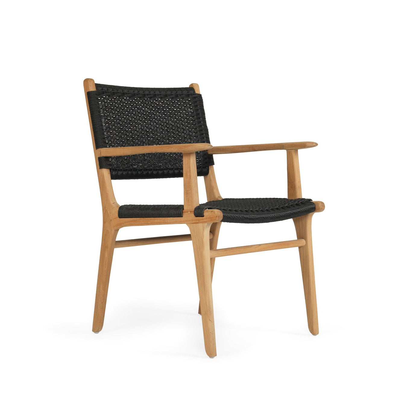 Cable Beach close weave outdoor dining armchair with black Viro cord and natural teak frame