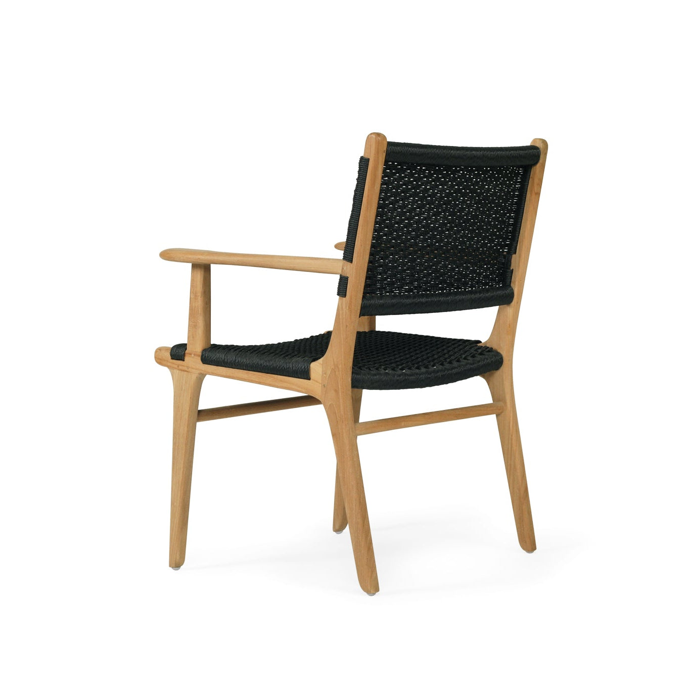 Cable Beach close weave outdoor dining armchair with black Viro cord and natural teak frame-back angle