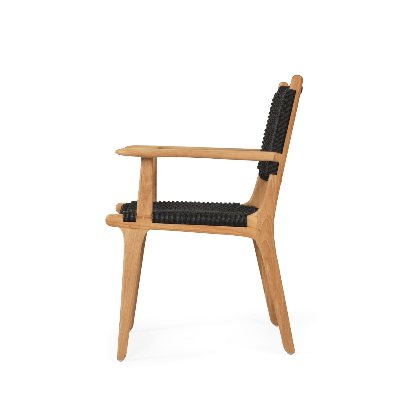 Side profile of Cable Beach teak outdoor dining armchair with integrated armrests and black woven seat