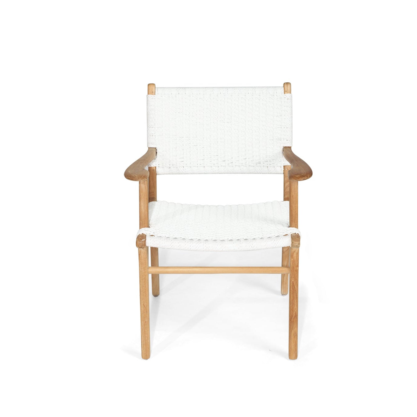 Cable Beach outdoor dining armchair in white with solid teak frame and close weave Viro cord seat-front tilt