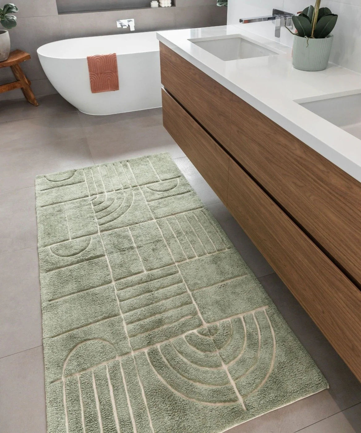 Sage cotton bath runner styled in modern bathroom with vanity – extra large plush bath mat for everyday use