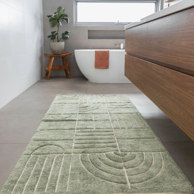 Extra large sage cotton bath runner styled in modern bathroom – plush textured bath mat for double vanity