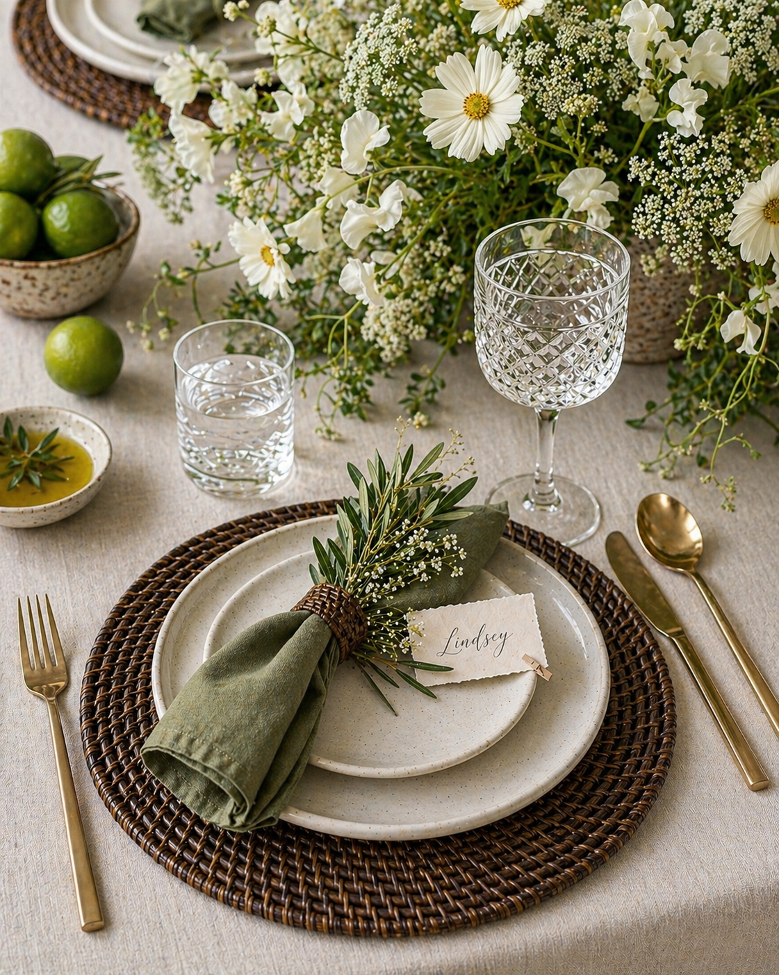 Espresso rattan woven placemat styled with ceramic plates, linen napkin, gold cutlery and white cosmos and sweet pea flowers on a soft neutral table setting
