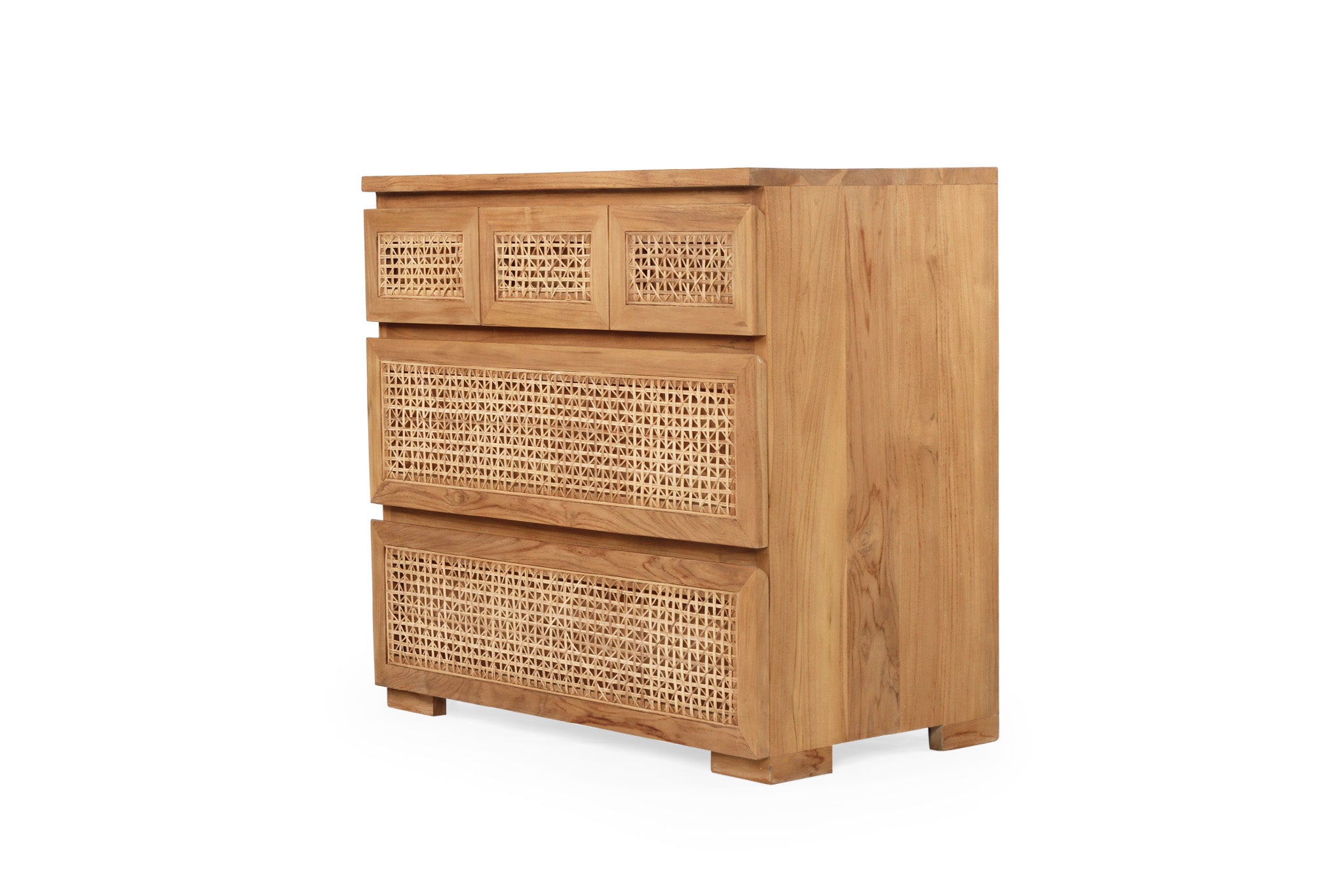 Five Drawer Rattan Chest of Drawers crafted from sustainable teak with finely sanded finish – durable and stylish storage for modern bedrooms. Front angle view