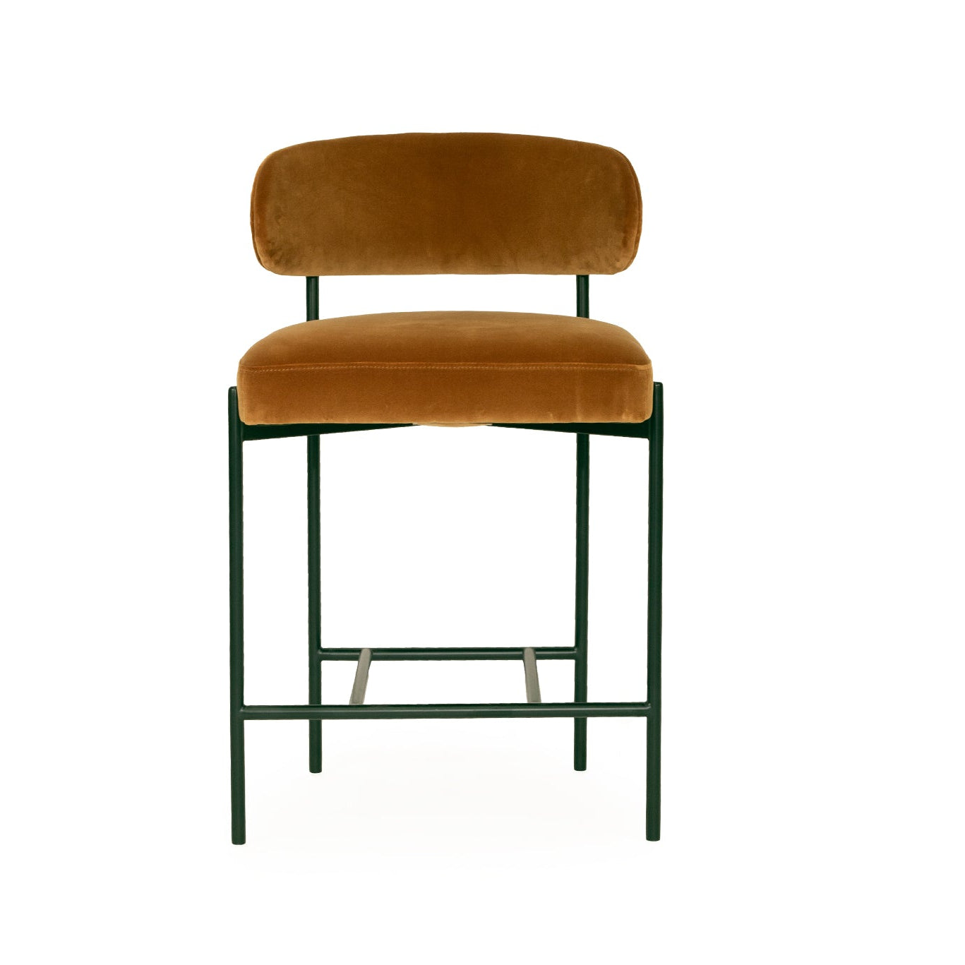 Fontaine Counter Stool with half-moon curved back and metal legs, upholstered in performance velvet in amber, modern Art Deco inspired counter stool for elegant interiors. Front view.