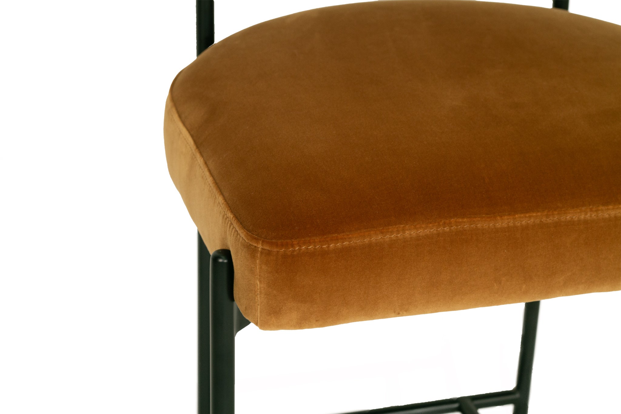 Fontaine Counter Stool with half-moon curved back and metal legs, upholstered in performance velvet in amber, modern Art Deco inspired counter stool for elegant interiors. Seat close up.