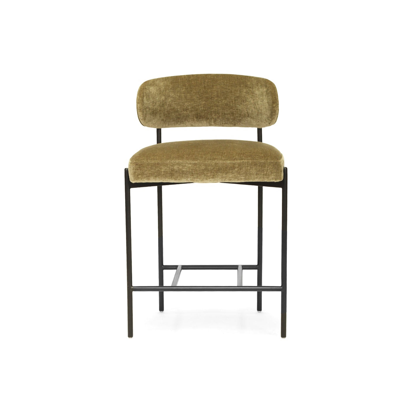 Fontaine Counter Stool with half-moon curved back and metal legs, upholstered in performance velvet in ivy, modern Art Deco inspired counter stool for elegant interiors. Front perspective.