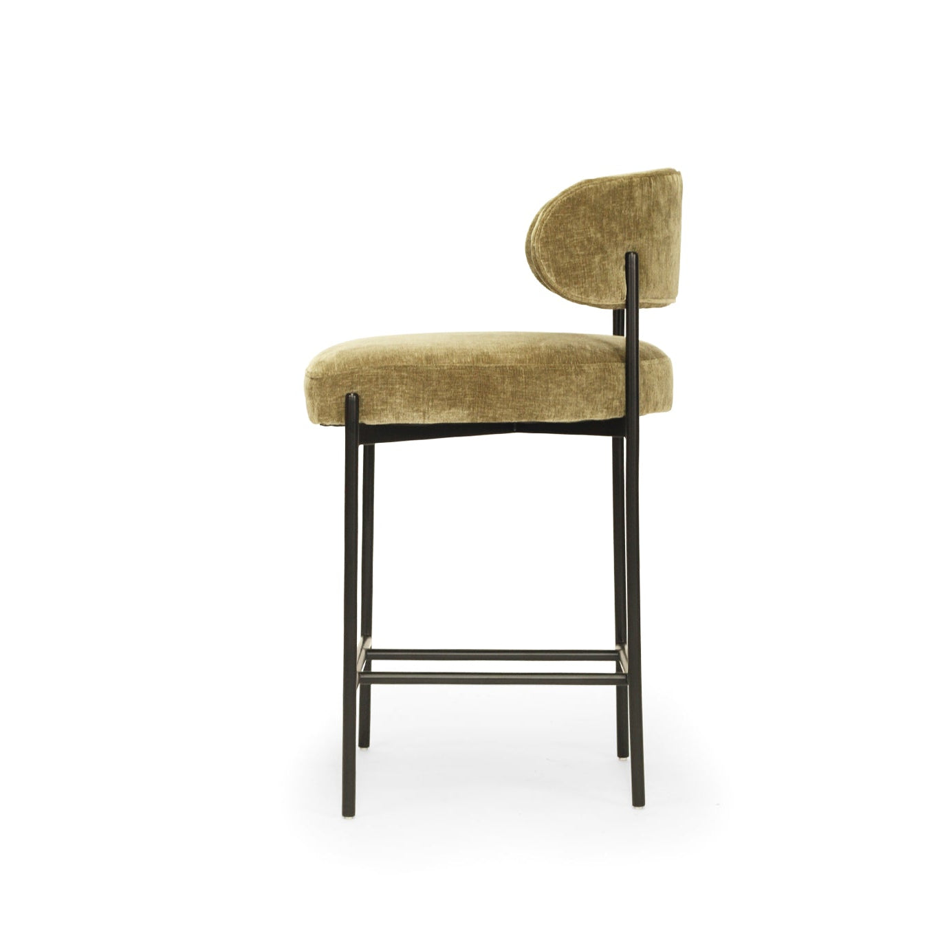 Fontaine Counter Stool with half-moon curved back and metal legs, upholstered in performance velvet in ivy, modern Art Deco inspired counter stool for elegant interiors. Side perspective.