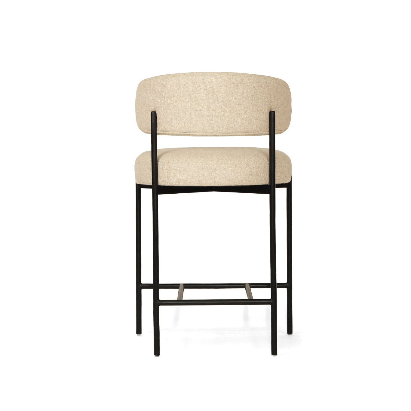 Fontaine Counter Stool with half-moon curved back and metal legs, upholstered in performance linen, modern Art Deco inspired counter stool for elegant interiors. Back perspetive.