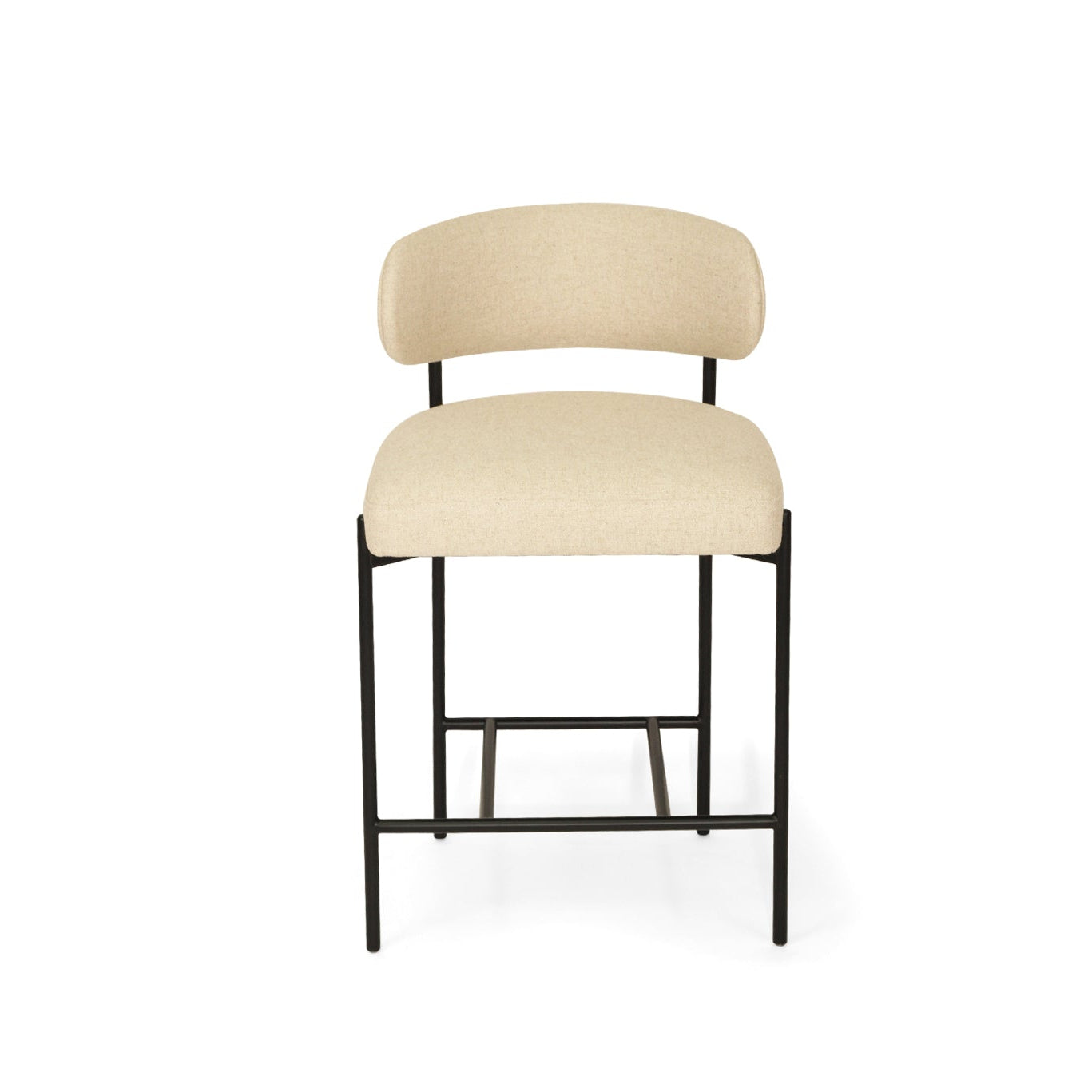 Fontaine Counter Stool with half-moon curved back and metal legs, upholstered in performance linen, modern Art Deco inspired counter stool for elegant interiors. Front view.