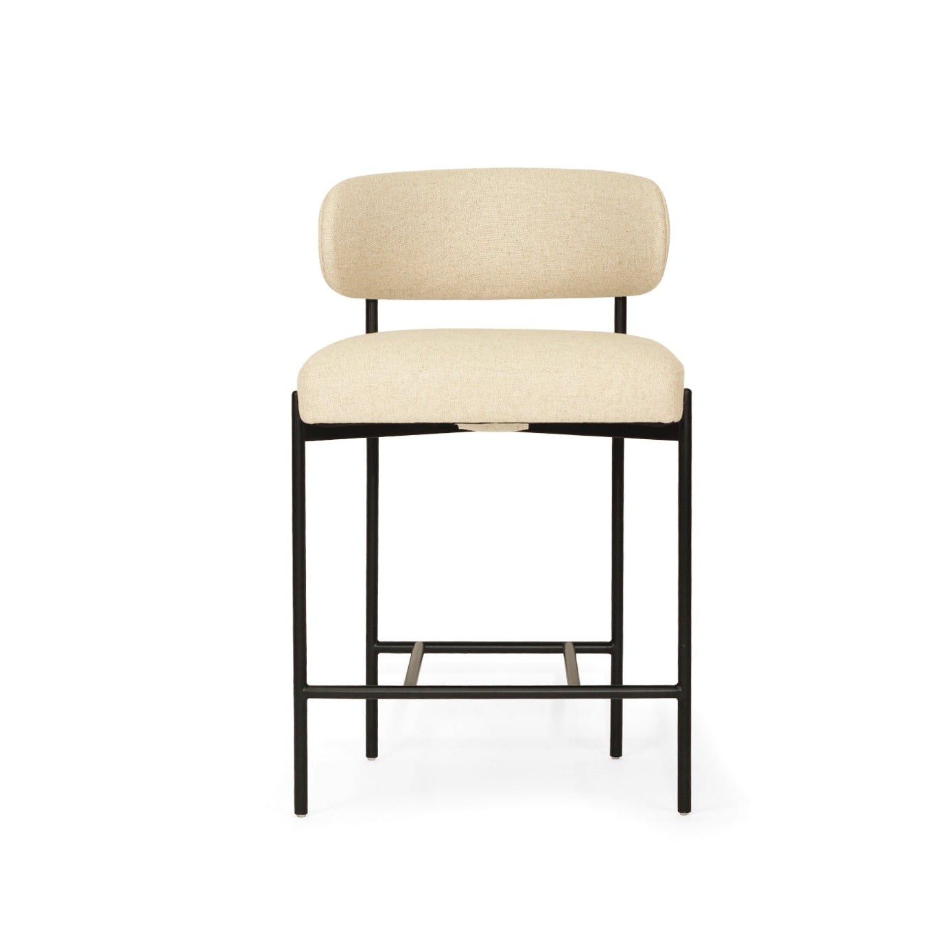 Fontaine Counter Stool with half-moon curved back and metal legs, upholstered in performance linen, modern Art Deco inspired counter stool for elegant interiors. Front pespective.