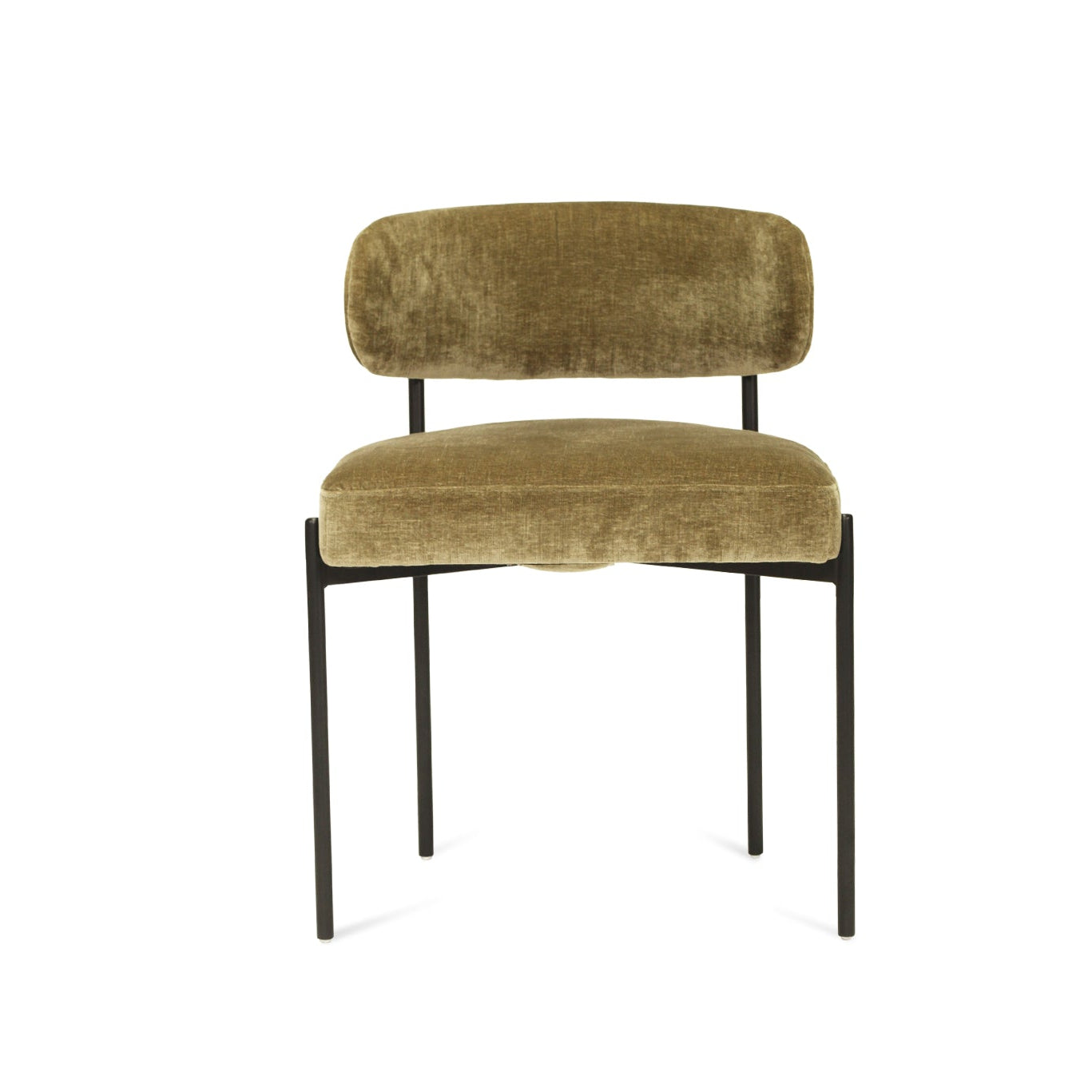Fontaine Dining Chair with half-moon curved back and metal legs, upholstered in performance ivy velvet, modern Art Deco inspired dining chair for elegant interiors. Front perspective.