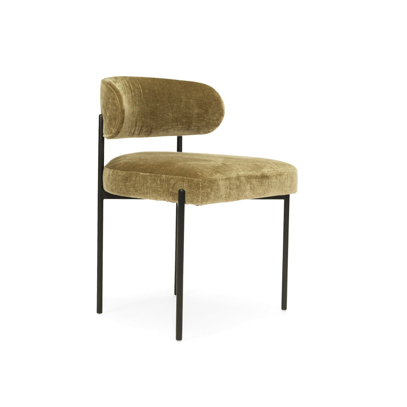 Fontaine Dining Chair with half-moon curved back and metal legs, upholstered in performance ivy velvet, modern Art Deco inspired dining chair for elegant interiors.