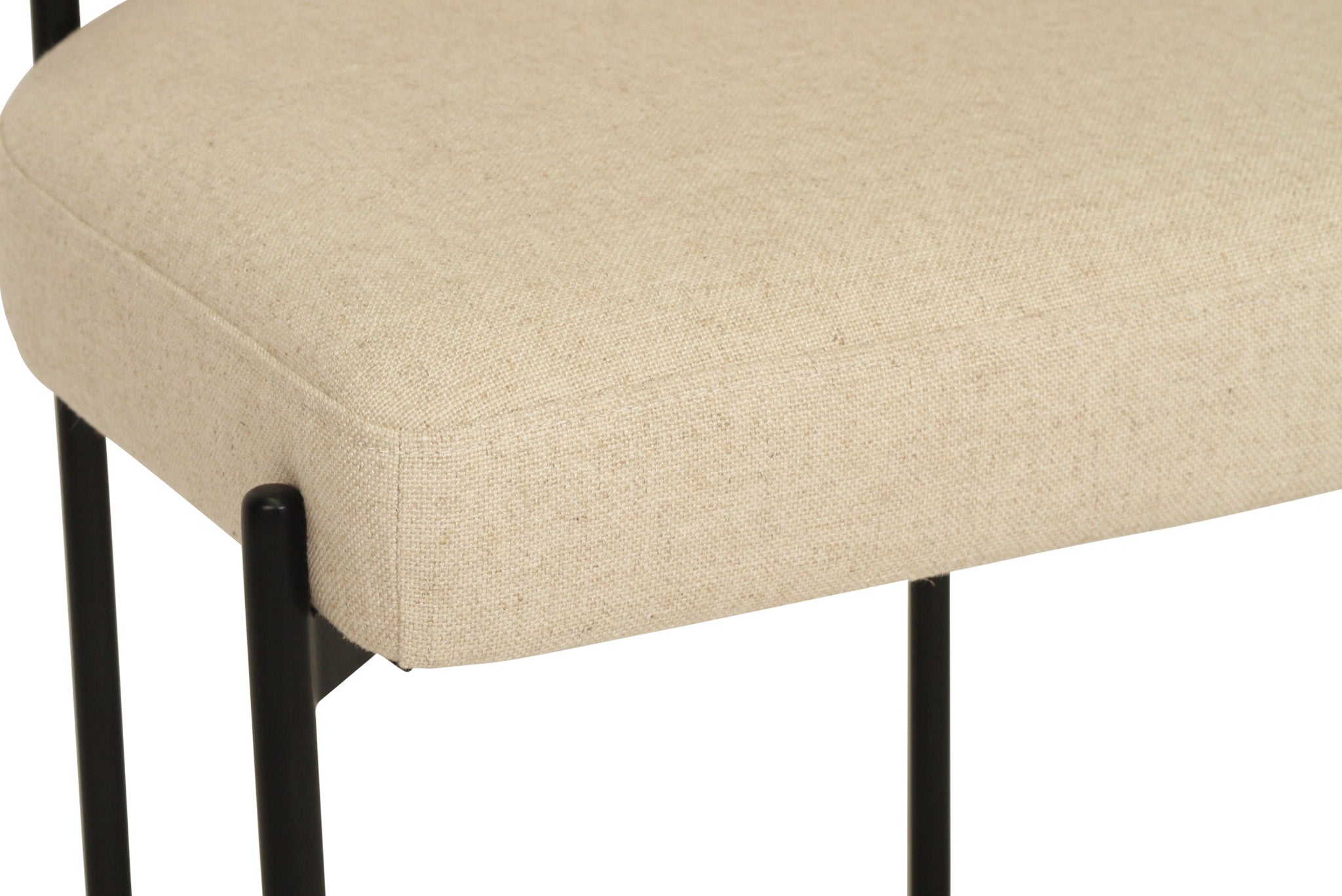 Fontaine Dining Chair with half-moon curved back and metal legs, upholstered in neutral performance linen, modern Art Deco inspired dining chair for elegant interiors. Close up 1.