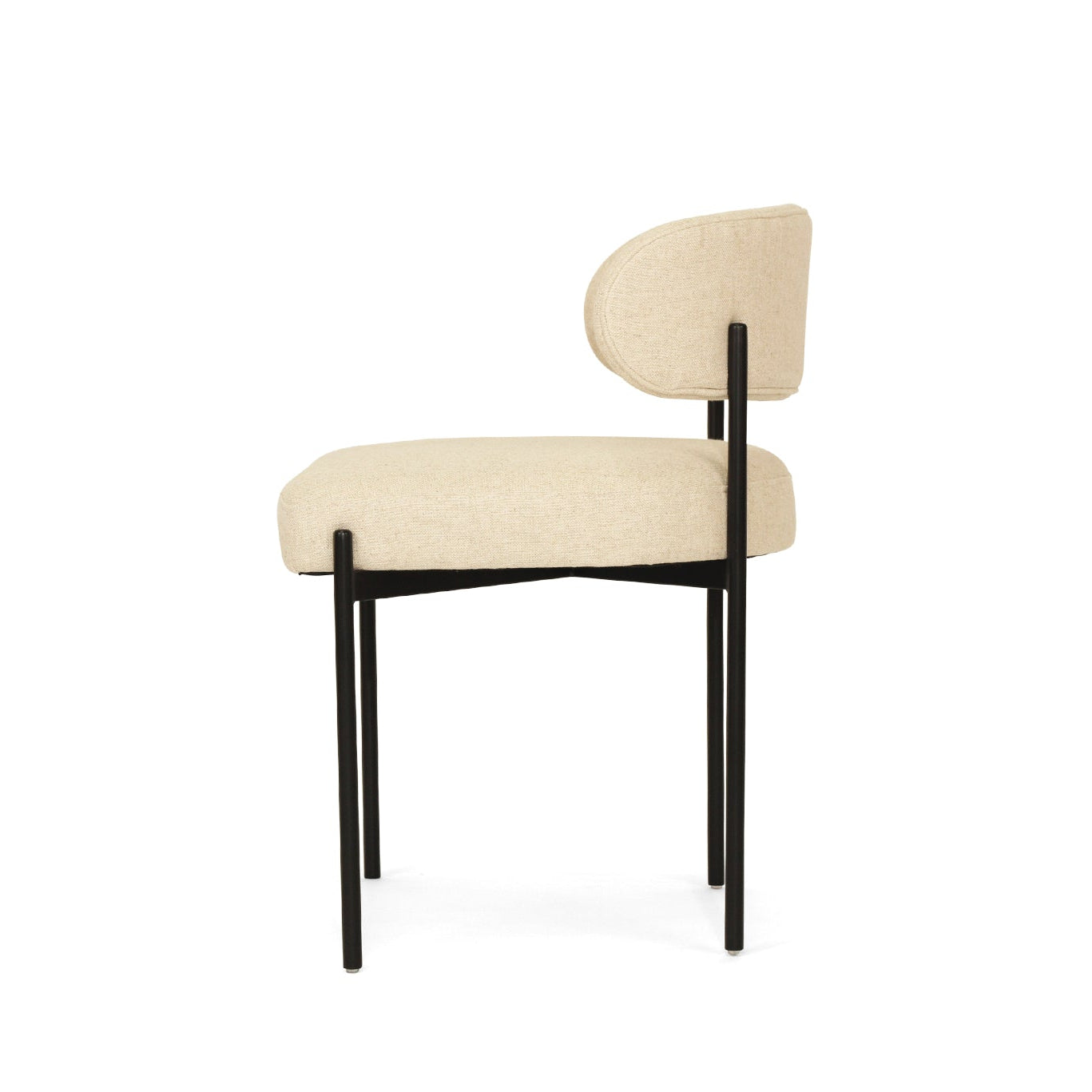 Fontaine Dining Chair with half-moon curved back and metal legs, upholstered in neutral performance linen, modern Art Deco inspired dining chair for elegant interiors. Side perspective.