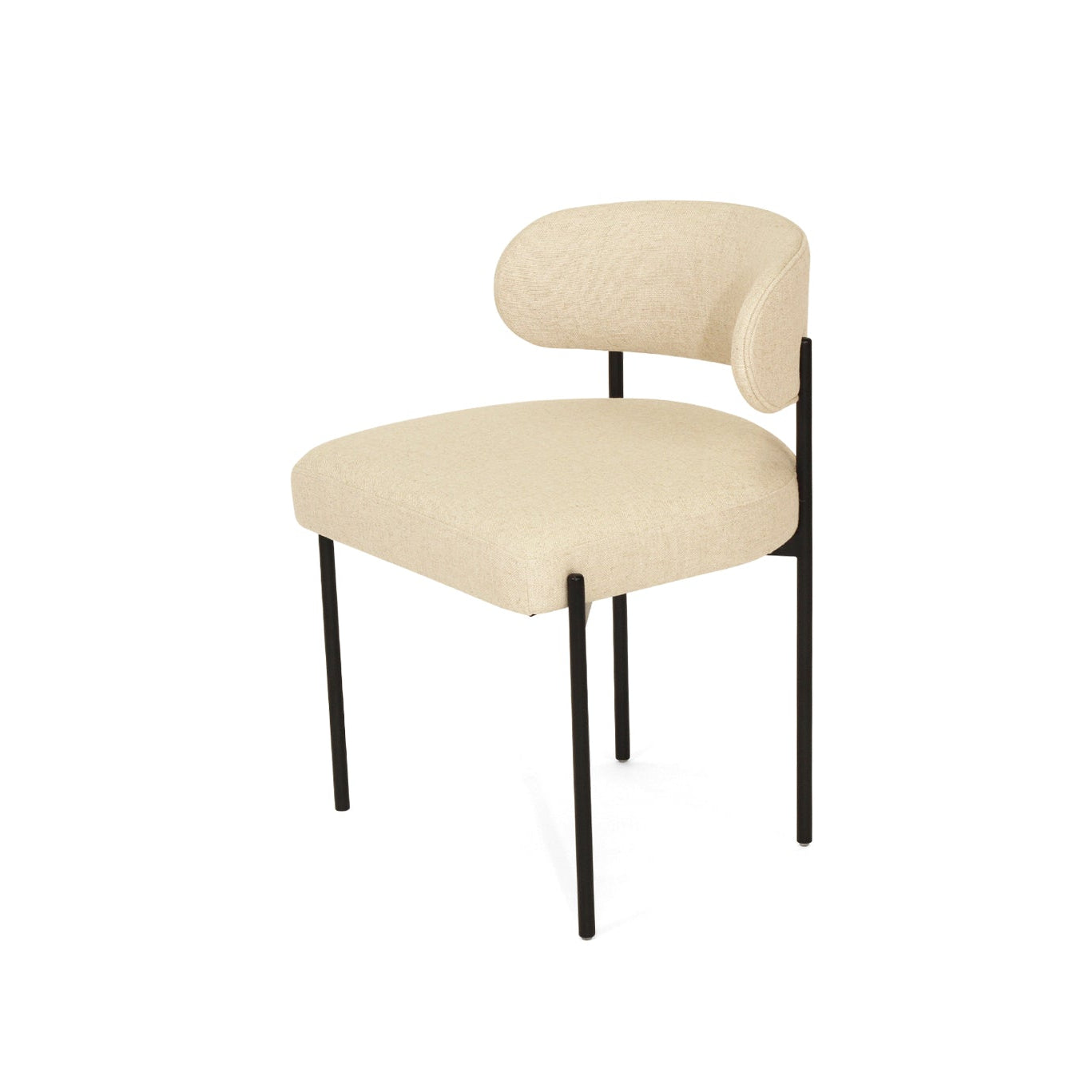 Fontaine Dining Chair with half-moon curved back and metal legs, upholstered in neutral performance linen, modern Art Deco inspired dining chair for elegant interiors. Side angle perspective.