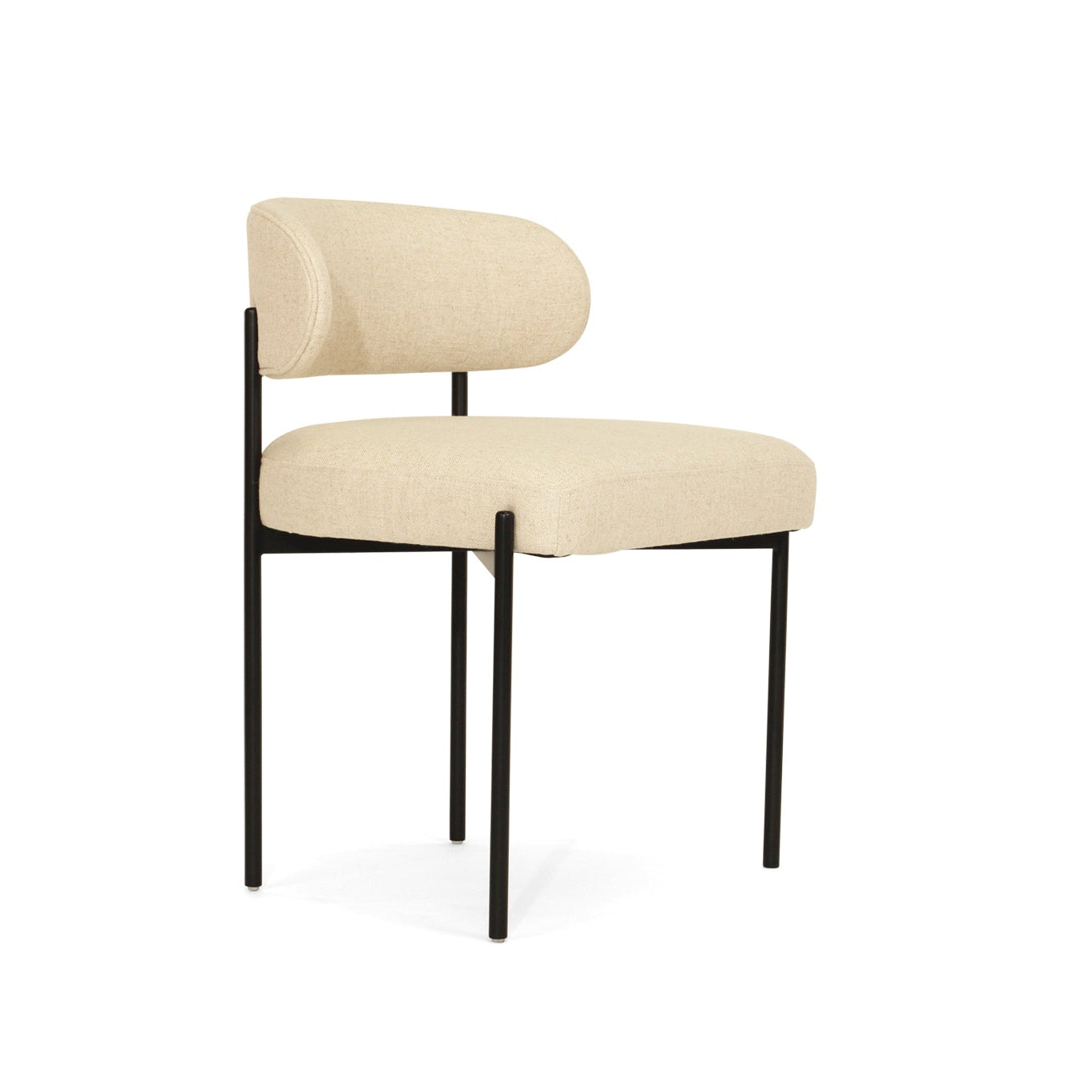 Fontaine Dining Chair with half-moon curved back and metal legs, upholstered in neutral performance linen, modern Art Deco inspired dining chair for elegant interiors.