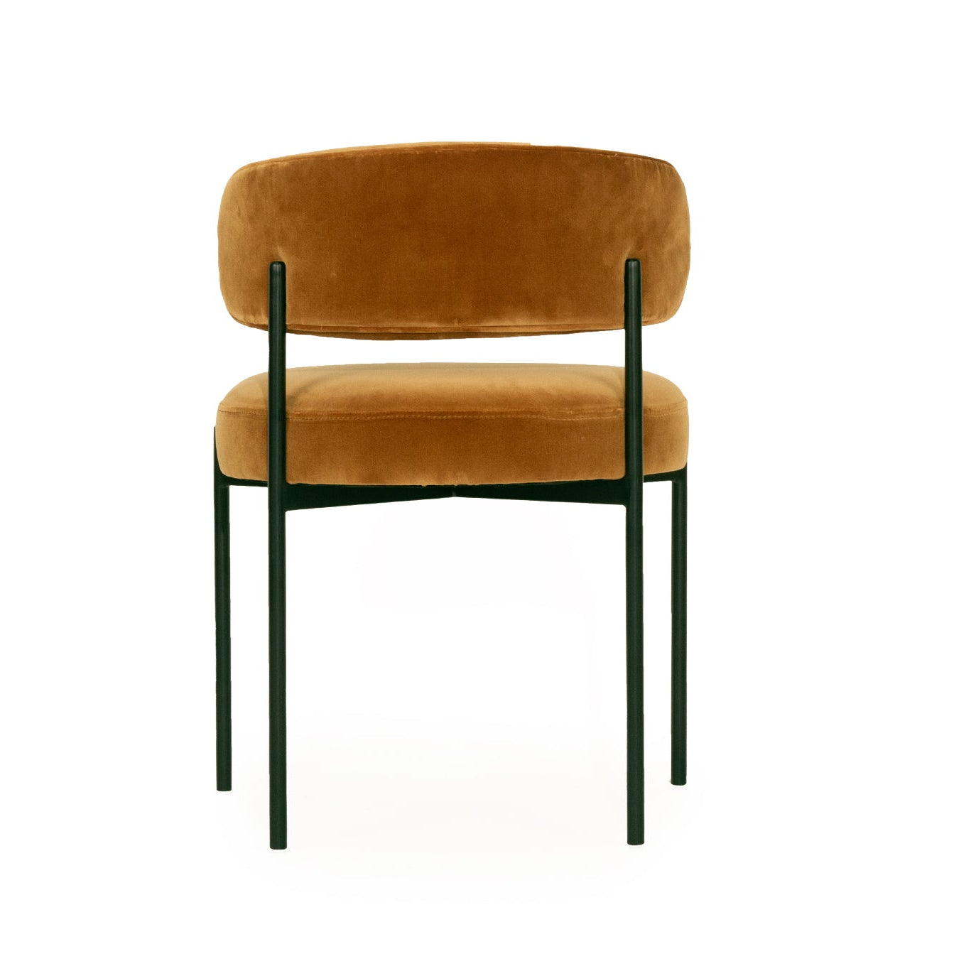 Fontaine Dining Chair with half-moon curved back and metal legs, upholstered in performance amber velvet, modern Art Deco inspired dining chair for elegant interiors. Back perspective.